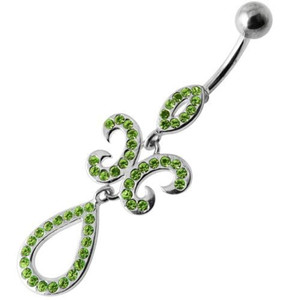 Fancy Studded Jeweled Dangling SS Bar Belly Ring - Peridot