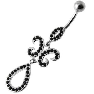 Fancy Studded Jeweled Dangling SS Bar Belly Ring - Black