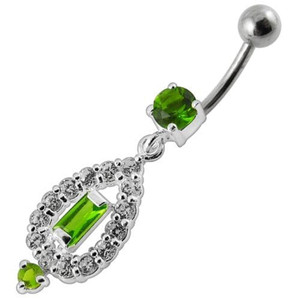 Fancy Vinatge Royal Design Jeweled Dangling Curved Belly Ring - Peridot
