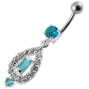 Fancy Vinatge Royal Design Jeweled Dangling Curved Belly Ring - Aqua