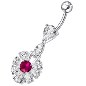 Fancy White Stone Jeweled  Stone Centered Dangling Belly Ring - Red