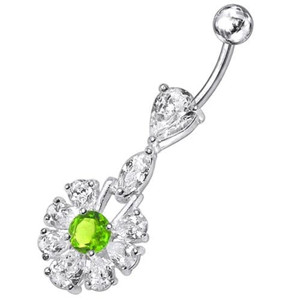 Fancy White Stone Jeweled  Stone Centered Dangling Belly Ring - Peridot