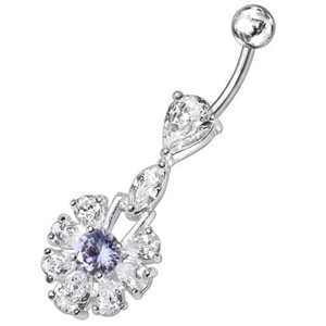 Fancy White Stone Jeweled  Stone Centered Dangling Belly Ring - Lavender