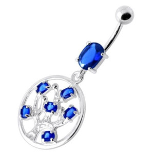 Jeweled Dangling Round Frame Belly Bar - Dark Blue