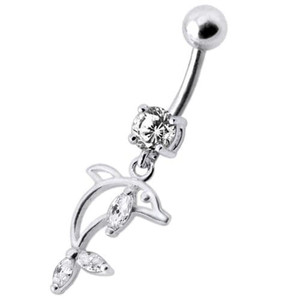 Jeweled Dolphin Dangling Navel Banana Ring - Clear