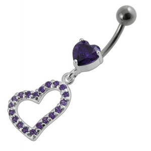 Jeweled Fancy Heart Loop Silver Dangling SS Banana Navel Ring - Purple
