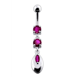 Jeweled Fancy Silver Dangling SS Banana Belly Ring - Red