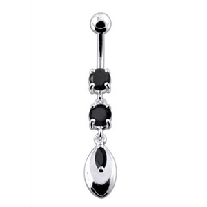 Jeweled Fancy Silver Dangling SS Banana Belly Ring - Black