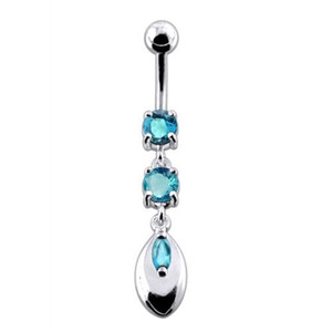 Jeweled Fancy Silver Dangling SS Banana Belly Ring - Aqua