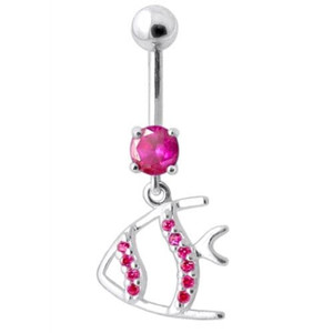 Jeweled Fish Dangling Navel Ring - Red