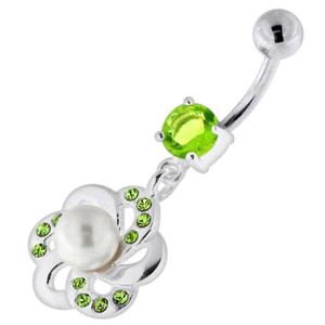 Jeweled Flower with Center Pearl Swirl Navel Belly Piercing - Peridot