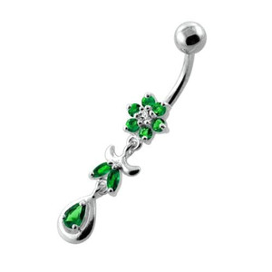 Jeweled Flower Leaf Hanging Navel Belly Bar - Emerald