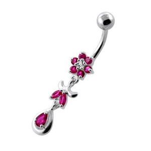 Jeweled Flower Leaf Hanging Navel Belly Bar - Red
