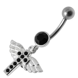 Jeweled Flying Cross Dangling Belly Ring - Black