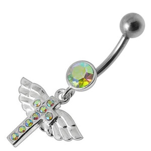 Jeweled Flying Cross Dangling Belly Ring - Rainbow