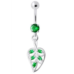 Jeweled Leaf Navel Belly Ring - Emerald