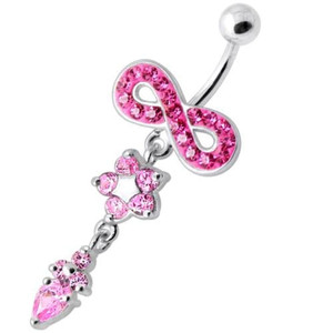 Jeweled Infinity Flower Dangling Navel belly bar - Pink