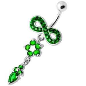 Jeweled Infinity Flower Dangling Navel belly bar - Emerald