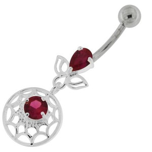 Jeweled Spider Web Dangling Navel Belly Ring - Red