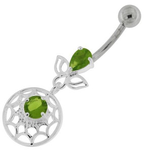 Jeweled Spider Web Dangling Navel Belly Ring - Peridot
