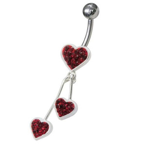 Jeweled Trible Heart Dangling Belly Ring - Red