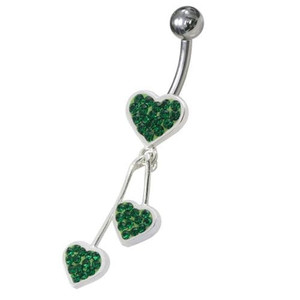Jeweled Trible Heart Dangling Belly Ring - Emerald