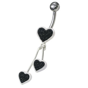 Jeweled Trible Heart Dangling Belly Ring - black