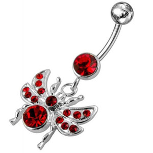 Jeweled flies Dangling Belly Ring - Red