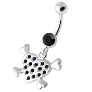 Multi Jeweled Heart Silver Navel Belly Banana - Black