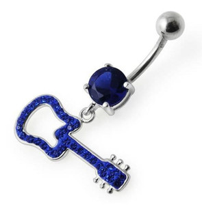 Silver Fancy GUITAR Dangling Navel Ring - Dark Blue