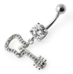 Silver Fancy GUITAR Dangling Navel Ring - Clear
