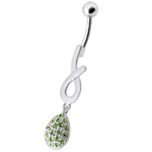 Silver Fancy Jeweled Design Dangling Cuved Navel Body Jewelry Ring - Peridot