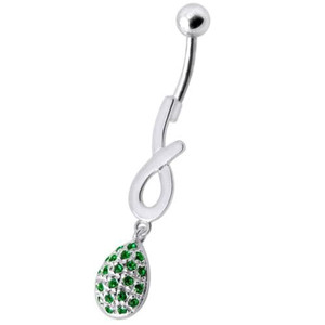 Silver Fancy Jeweled Design Dangling Cuved Navel Body Jewelry Ring - Emerald