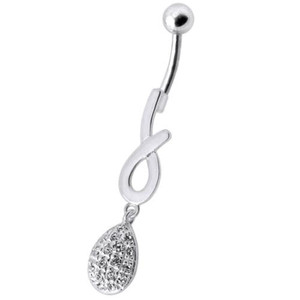 Silver Fancy Jeweled Design Dangling Cuved Navel Body Jewelry Ring - Clear