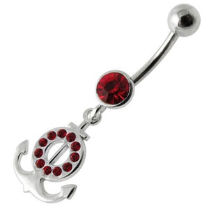 Silver Fancy Multi Jeweled Logo Dangling Banana Bar Belly Ring - Red