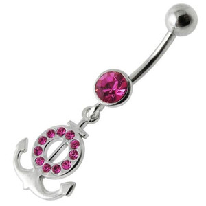 Silver Fancy Multi Jeweled Logo Dangling Banana Bar Belly Ring - Pink