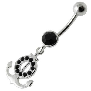 Silver Fancy Multi Jeweled Logo Dangling Banana Bar Belly Ring - Black