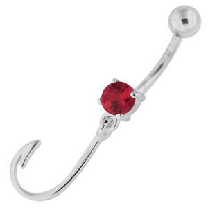 Sterling Silver Jeweled J Signed Navel Belly Button Bar - Red