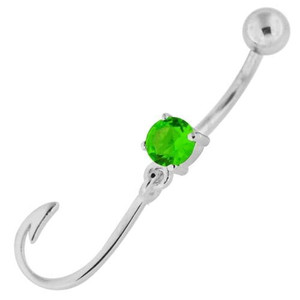 Sterling Silver Jeweled J Signed Navel Belly Button Bar - Peridot