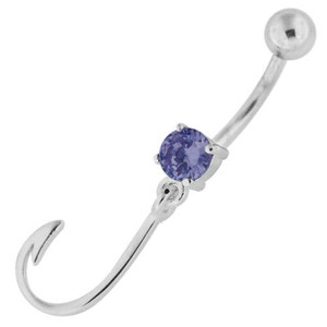 Sterling Silver Jeweled J Signed Navel Belly Button Bar - Lavender