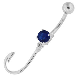 Sterling Silver Jeweled J Signed Navel Belly Button Bar - Dark Blue