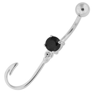 Sterling Silver Jeweled J Signed Navel Belly Button Bar - Black