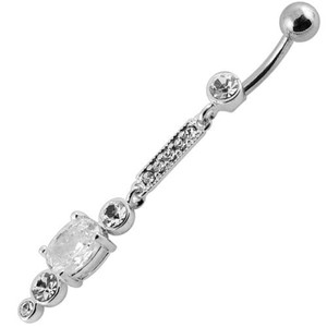 Silver Jeweled Fancy Dangling SS Bar Banana Navel Ring - Clear