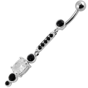 Silver Jeweled Fancy Dangling SS Bar Banana Navel Ring - Black