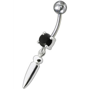 Silver bullet with Single Stone Fancy Jeweled Dangling Belly Ring - black
