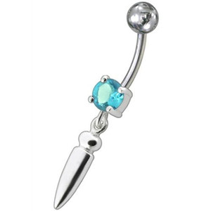 Silver bullet with Single Stone Fancy Jeweled Dangling Belly Ring - Aqua