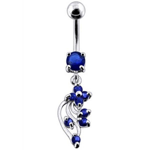 Silver Jeweled Fancy Dangling Belly Ring - Dark blue