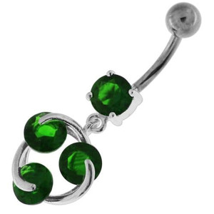 Tri Round Jeweled Swirl Sterling Silver Navel Bar - Emerald