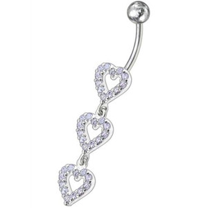 Triple Heart Dangling Fancy Multi Jeweled Curved Bar Belly Ring - Lavender