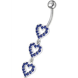 Triple Heart Dangling Fancy Multi Jeweled Curved Bar Belly Ring - Dark Blue